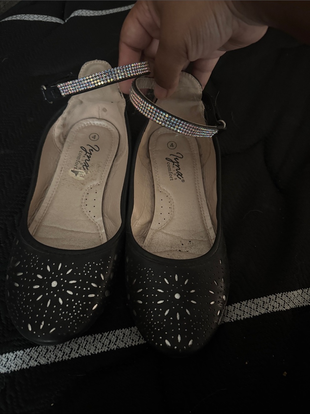 Black Laser-Cut Flats with Rhinestone Ankle Straps
